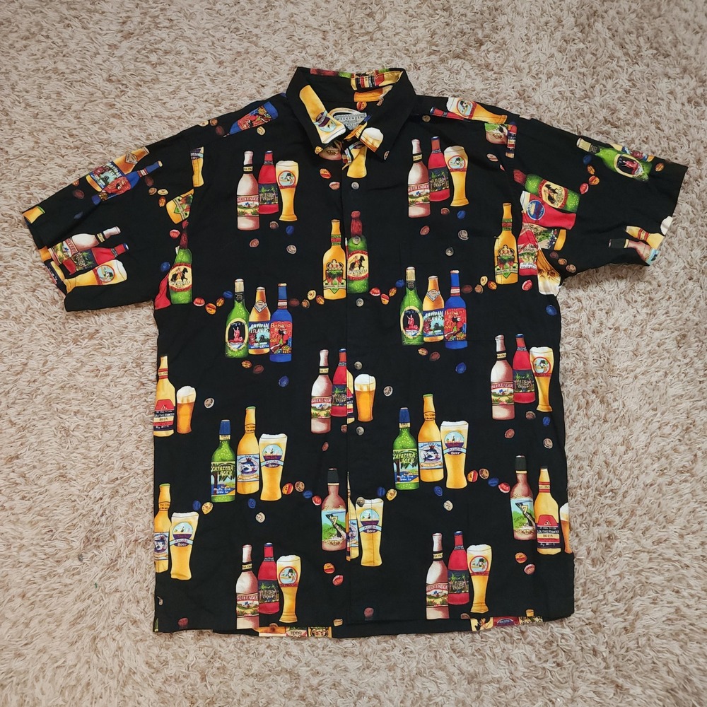 Weekender Button‎ Up Mens Large Black Beer Bottle Novelty Print Hawaiian Shirt
